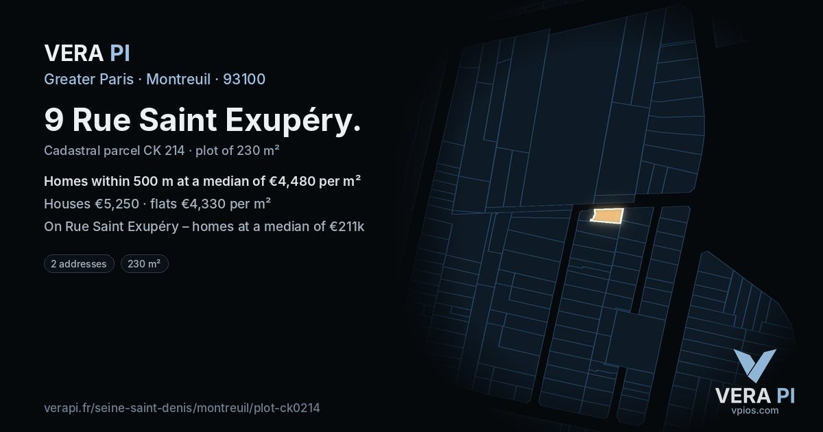 9 Rue Saint Exupéry, Montreuil at night – the plot lit, the parcels around coloured by the prices near them