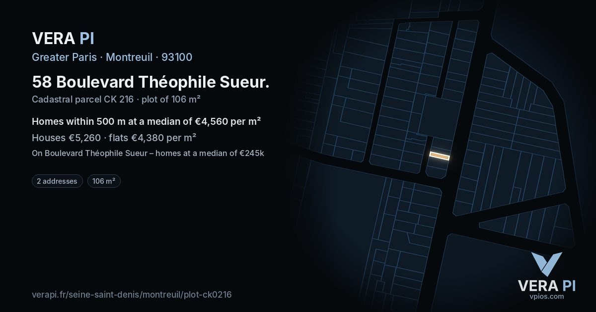 58 Boulevard Théophile Sueur, Montreuil at night – the plot lit, the parcels around coloured by the prices near them