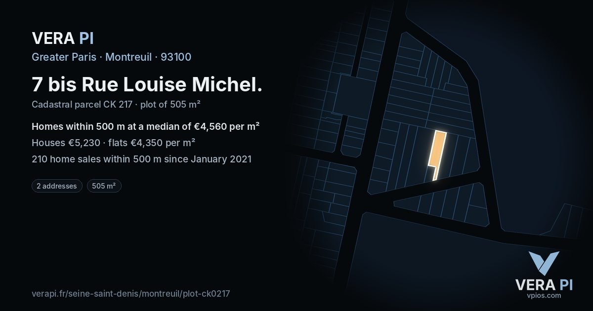 7 bis Rue Louise Michel, Montreuil at night – the plot lit, the parcels around coloured by the prices near them