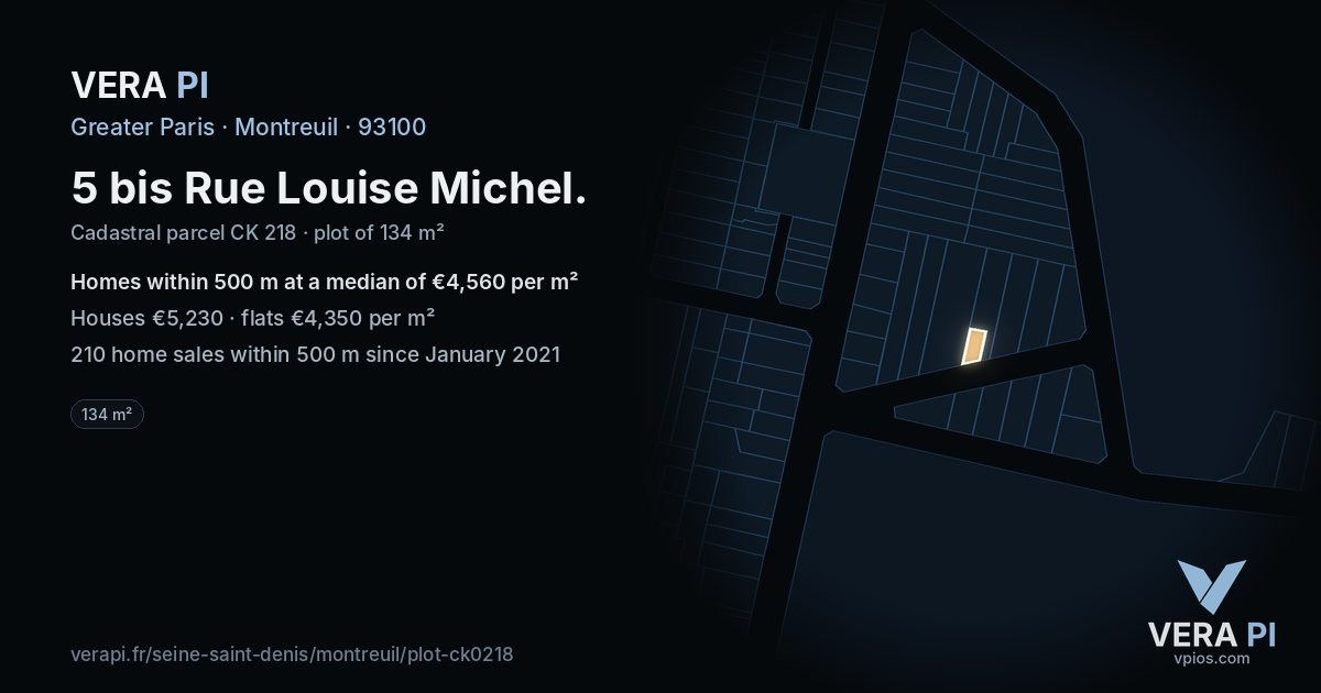 5 bis Rue Louise Michel, Montreuil at night – the plot lit, the parcels around coloured by the prices near them