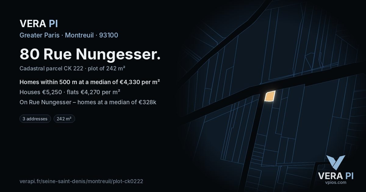 80 Rue Nungesser, Montreuil at night – the plot lit, the parcels around coloured by the prices near them