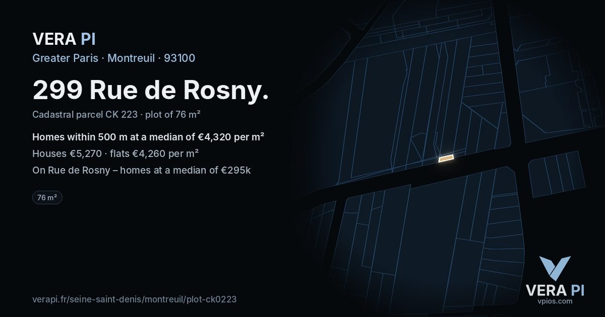 299 Rue de Rosny, Montreuil at night – the plot lit, the parcels around coloured by the prices near them