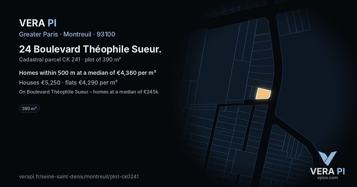24 Boulevard Théophile Sueur, Montreuil at night – the plot lit, the parcels around coloured by the prices near them