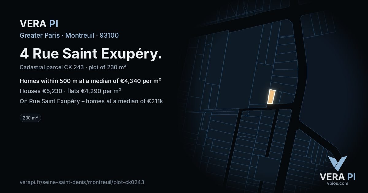 4 Rue Saint Exupéry, Montreuil at night – the plot lit, the parcels around coloured by the prices near them