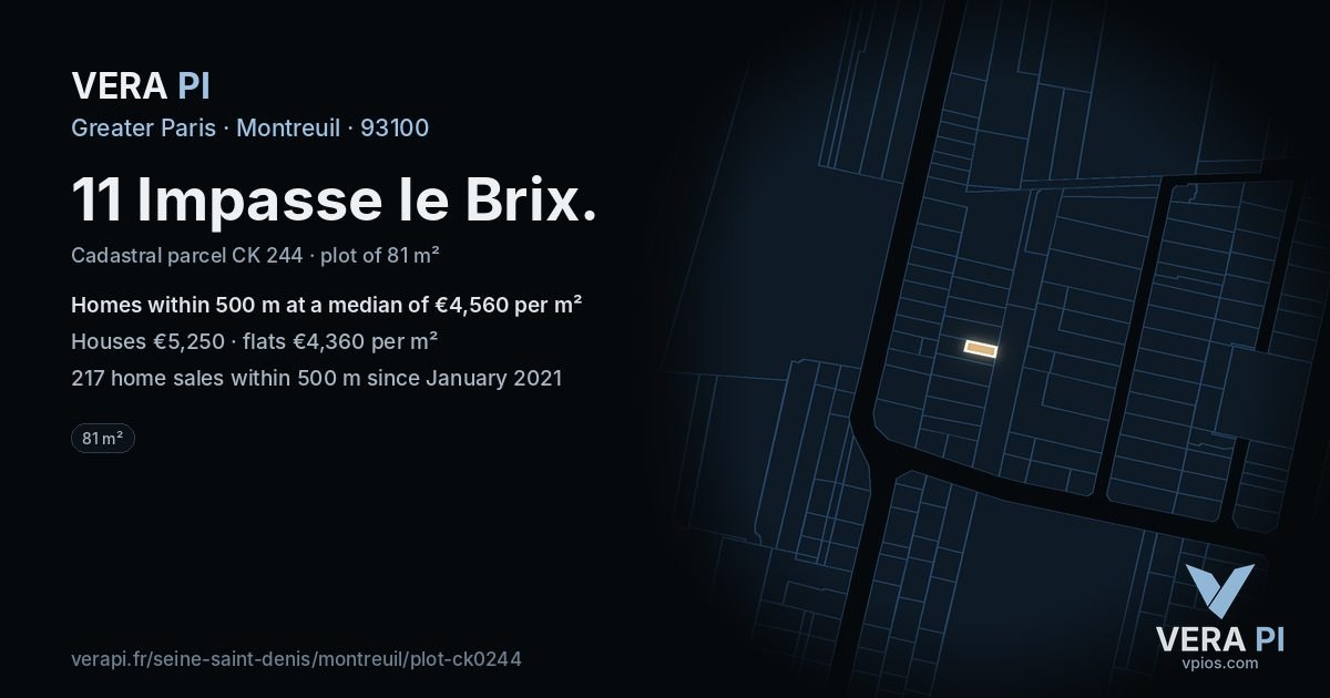 11 Impasse le Brix, Montreuil at night – the plot lit, the parcels around coloured by the prices near them