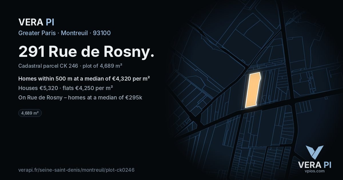 291 Rue de Rosny, Montreuil at night – the plot lit, the parcels around coloured by the prices near them