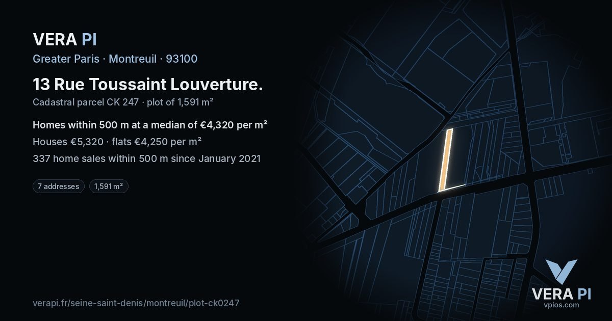 13 Rue Toussaint Louverture, Montreuil at night – the plot lit, the parcels around coloured by the prices near them