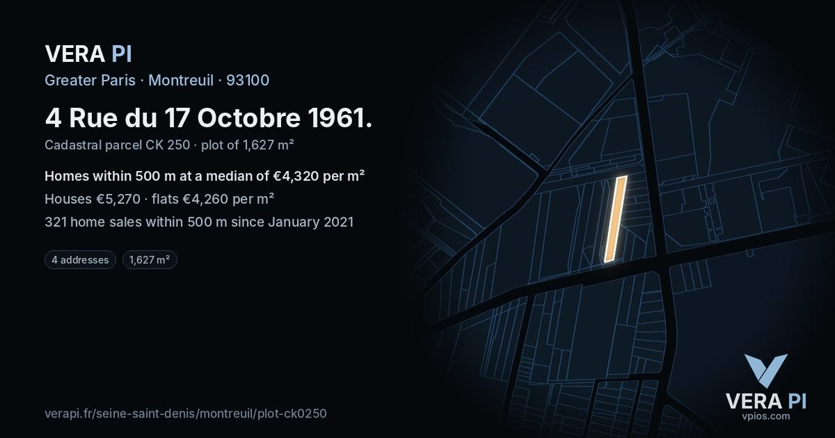 4 Rue du 17 Octobre 1961, Montreuil at night – the plot lit, the parcels around coloured by the prices near them