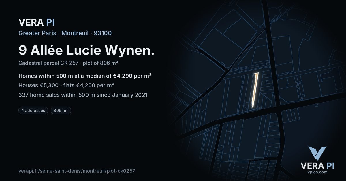 9 Allée Lucie Wynen, Montreuil at night – the plot lit, the parcels around coloured by the prices near them