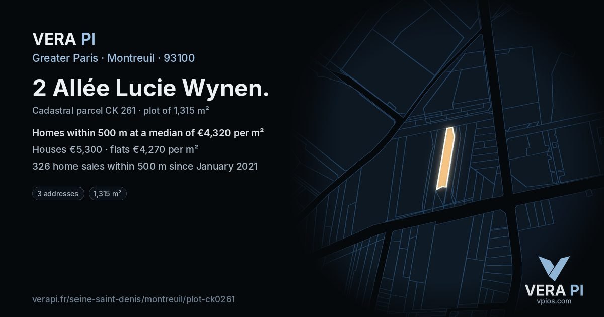2 Allée Lucie Wynen, Montreuil at night – the plot lit, the parcels around coloured by the prices near them