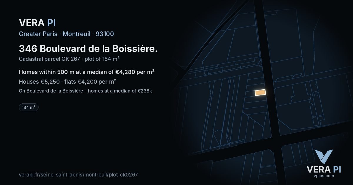 346 Boulevard de la Boissière, Montreuil at night – the plot lit, the parcels around coloured by the prices near them