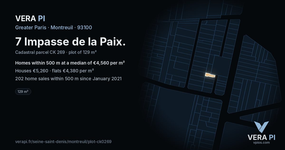 7 Impasse de la Paix, Montreuil at night – the plot lit, the parcels around coloured by the prices near them