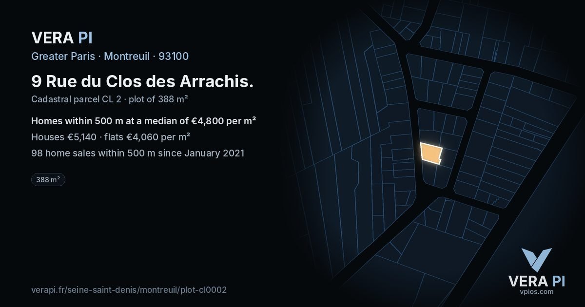9 Rue du Clos des Arrachis, Montreuil at night – the plot lit, the parcels around coloured by the prices near them