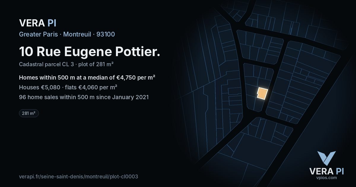 10 Rue Eugene Pottier, Montreuil at night – the plot lit, the parcels around coloured by the prices near them