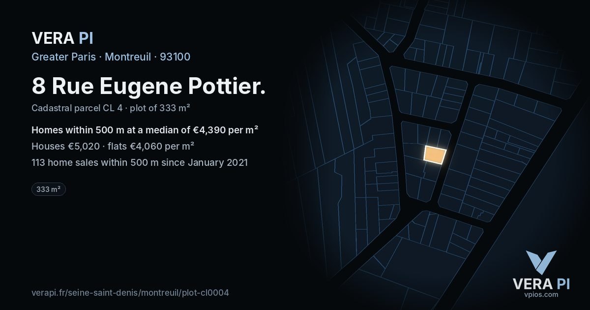 8 Rue Eugene Pottier, Montreuil at night – the plot lit, the parcels around coloured by the prices near them