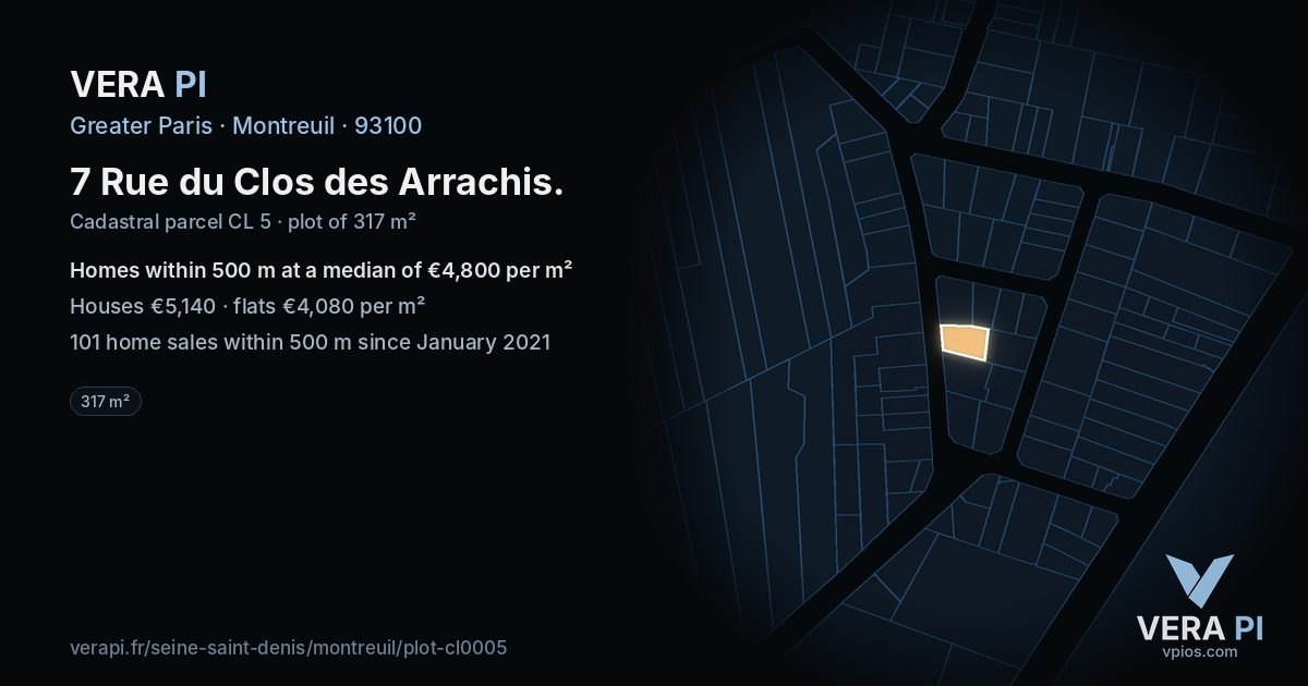 7 Rue du Clos des Arrachis, Montreuil at night – the plot lit, the parcels around coloured by the prices near them
