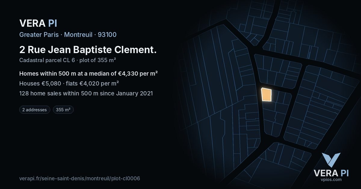 2 Rue Jean Baptiste Clement, Montreuil at night – the plot lit, the parcels around coloured by the prices near them