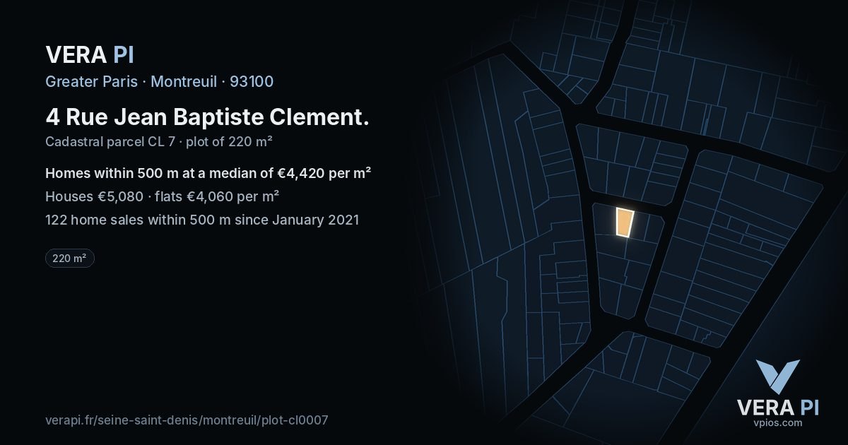 4 Rue Jean Baptiste Clement, Montreuil at night – the plot lit, the parcels around coloured by the prices near them