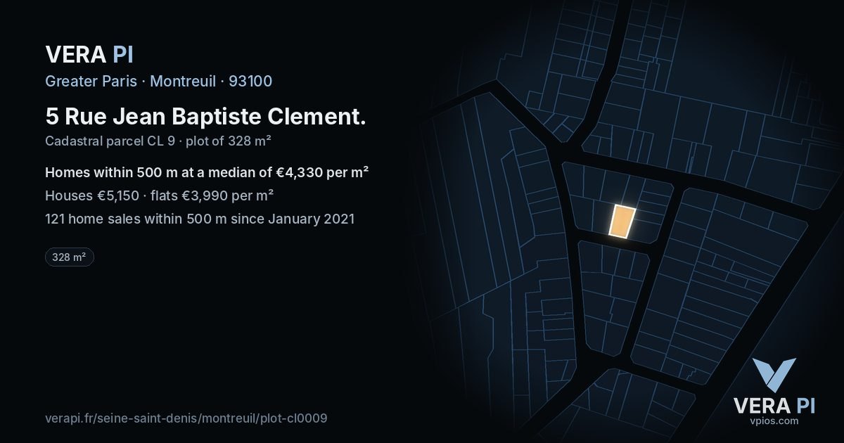 5 Rue Jean Baptiste Clement, Montreuil at night – the plot lit, the parcels around coloured by the prices near them