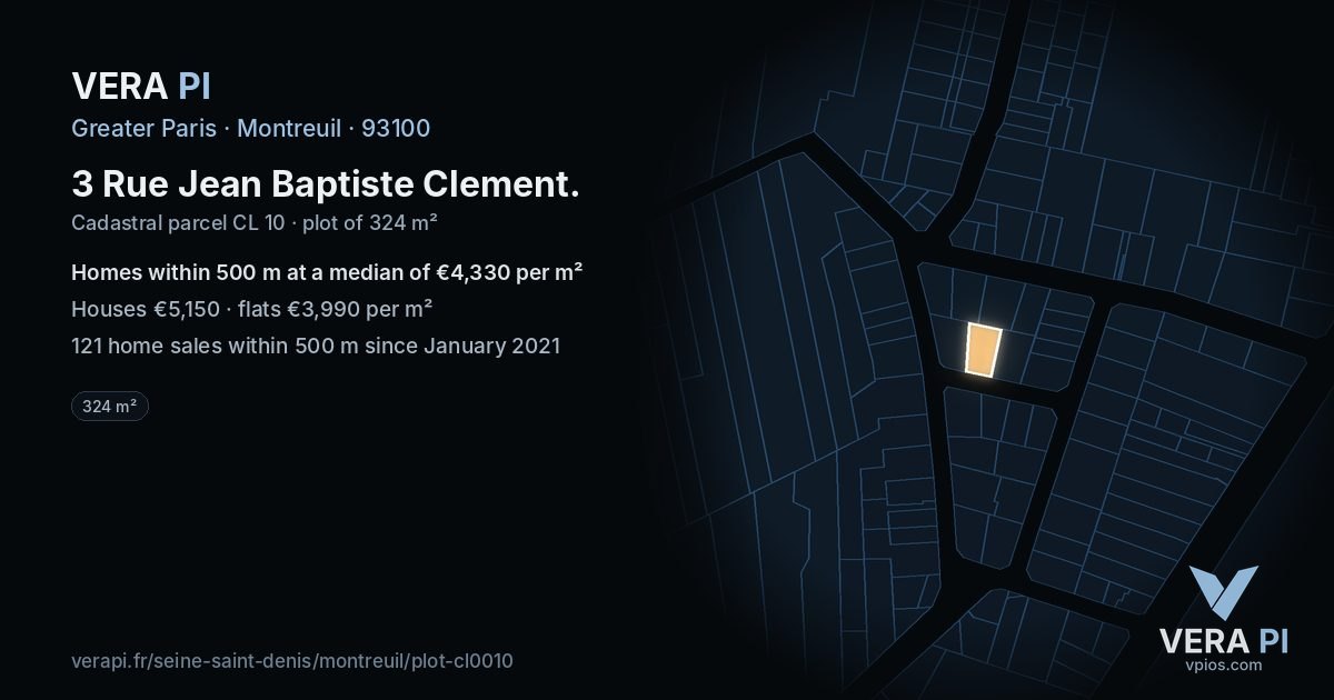 3 Rue Jean Baptiste Clement, Montreuil at night – the plot lit, the parcels around coloured by the prices near them