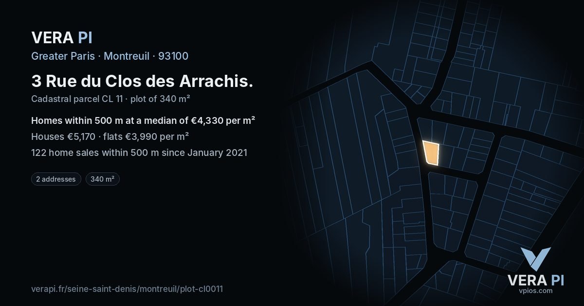 3 Rue du Clos des Arrachis, Montreuil at night – the plot lit, the parcels around coloured by the prices near them