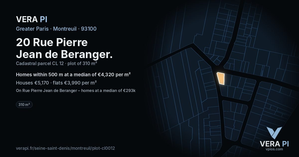 20 Rue Pierre Jean de Beranger, Montreuil at night – the plot lit, the parcels around coloured by the prices near them