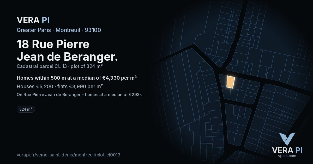 18 Rue Pierre Jean de Beranger, Montreuil at night – the plot lit, the parcels around coloured by the prices near them