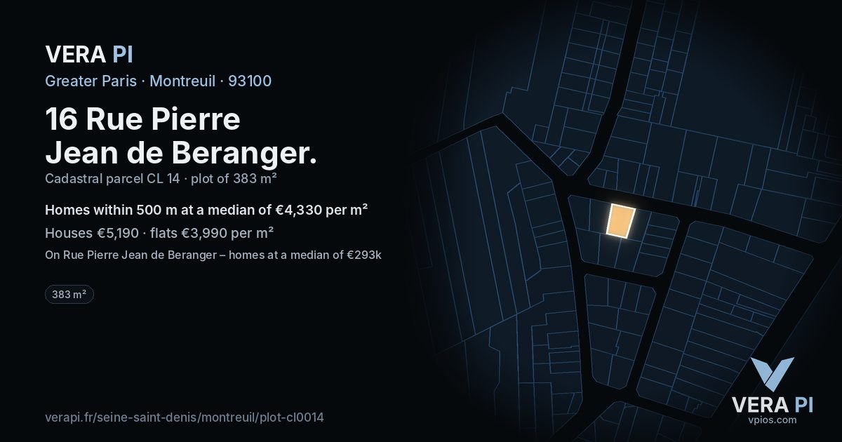 16 Rue Pierre Jean de Beranger, Montreuil at night – the plot lit, the parcels around coloured by the prices near them