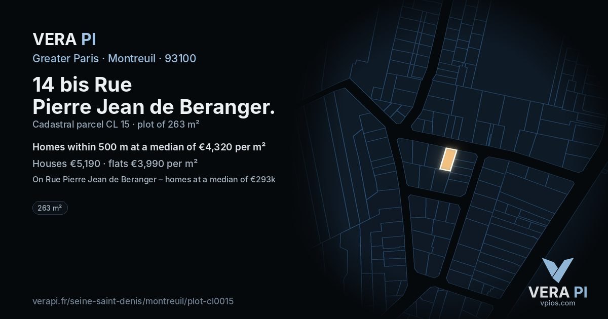 14 bis Rue Pierre Jean de Beranger, Montreuil at night – the plot lit, the parcels around coloured by the prices near them