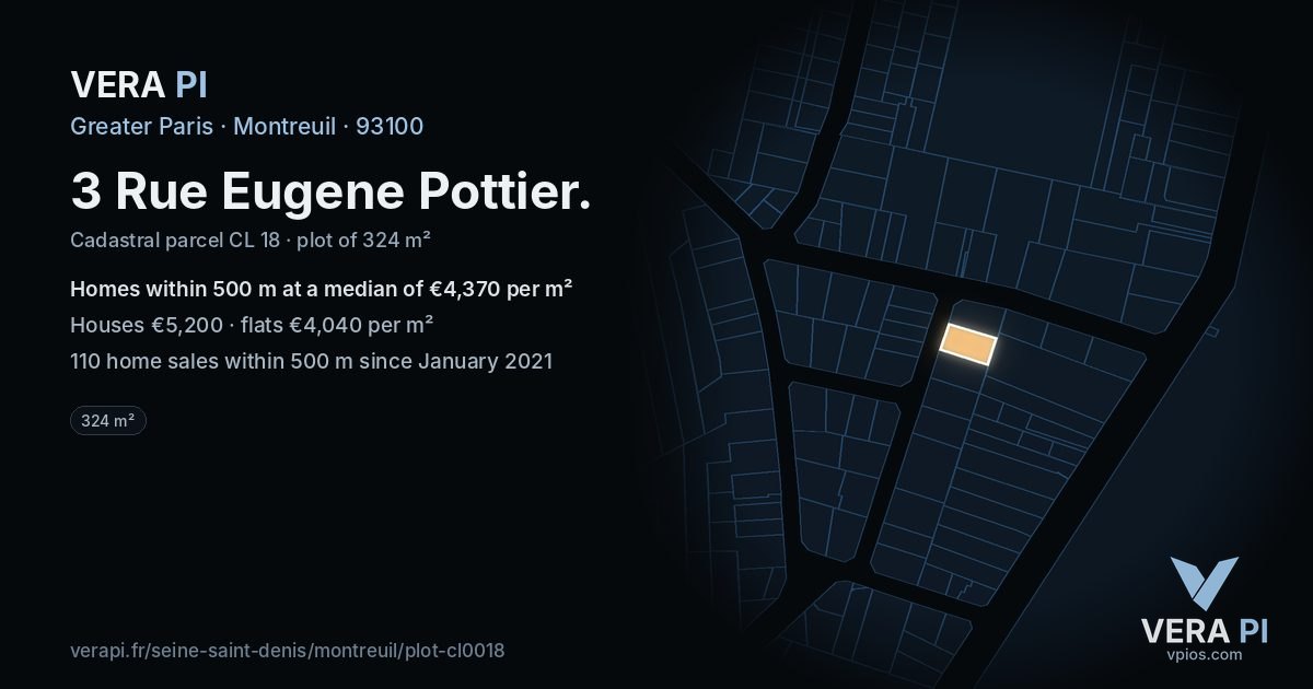 3 Rue Eugene Pottier, Montreuil at night – the plot lit, the parcels around coloured by the prices near them
