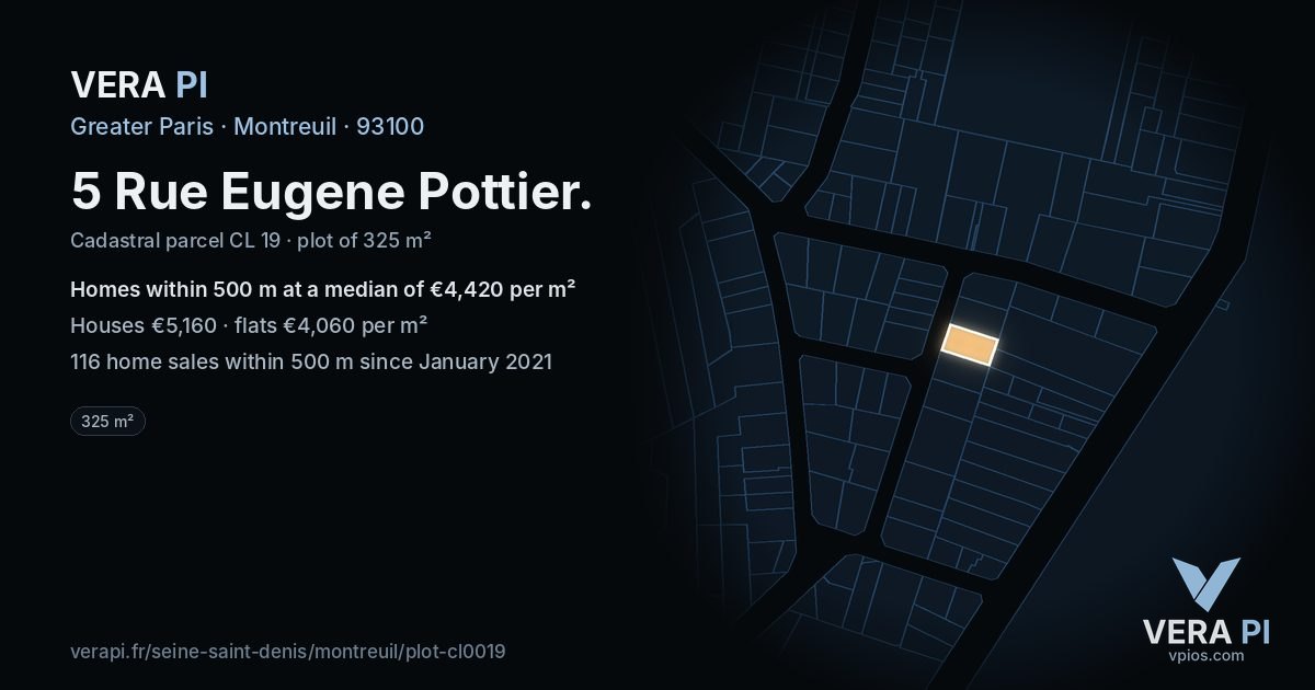 5 Rue Eugene Pottier, Montreuil at night – the plot lit, the parcels around coloured by the prices near them