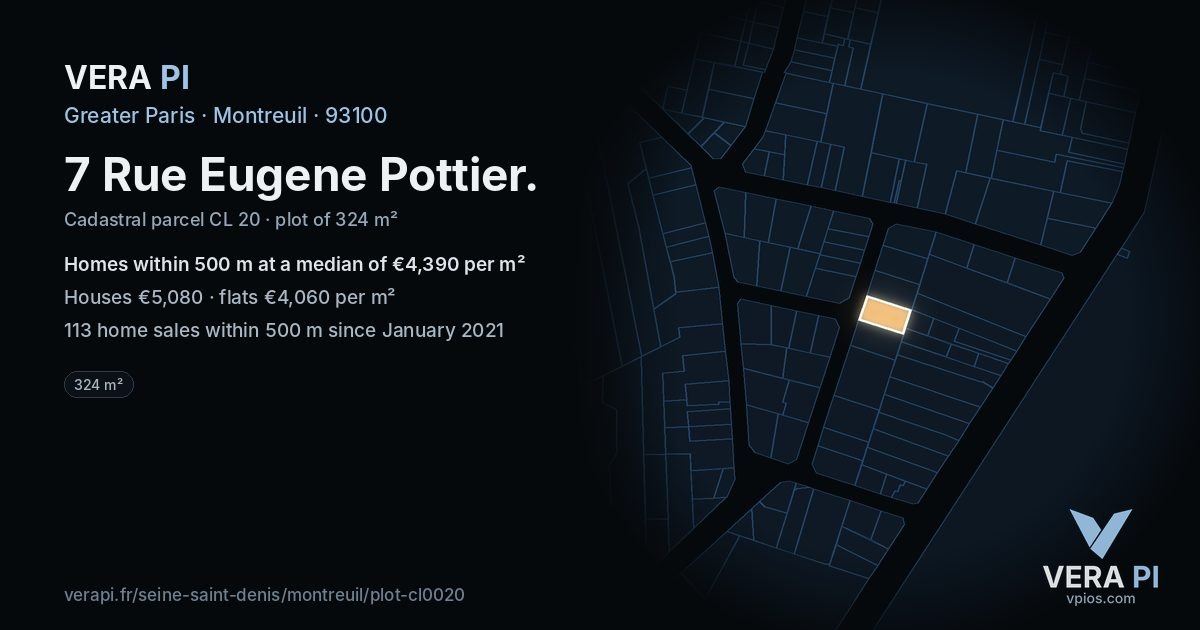 7 Rue Eugene Pottier, Montreuil at night – the plot lit, the parcels around coloured by the prices near them