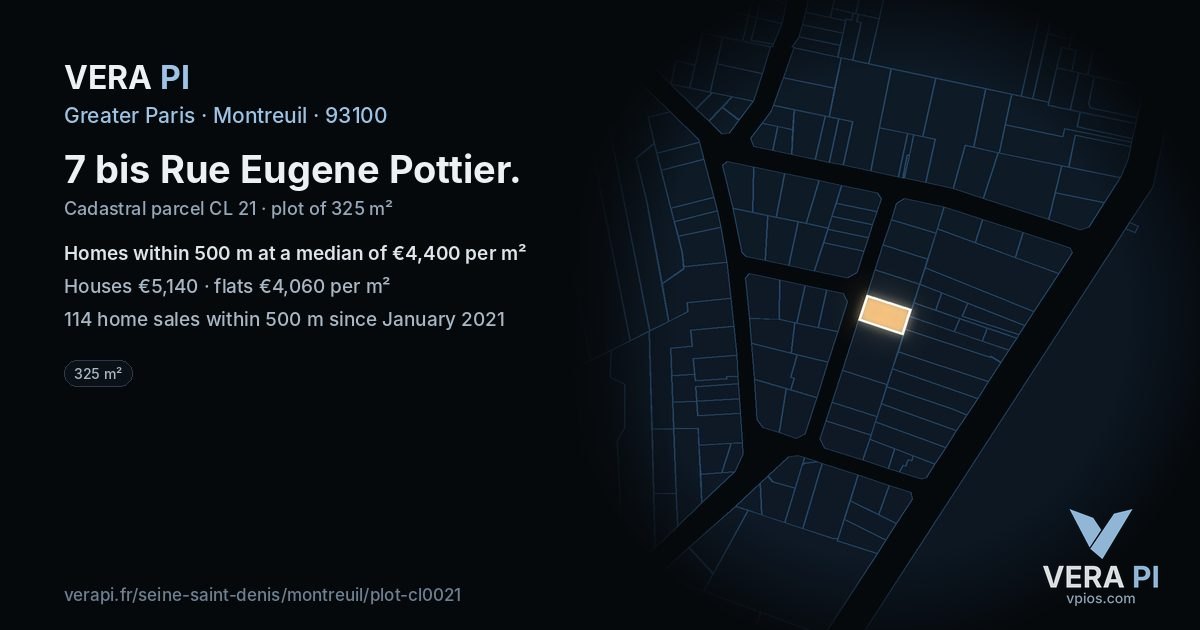 7 bis Rue Eugene Pottier, Montreuil at night – the plot lit, the parcels around coloured by the prices near them