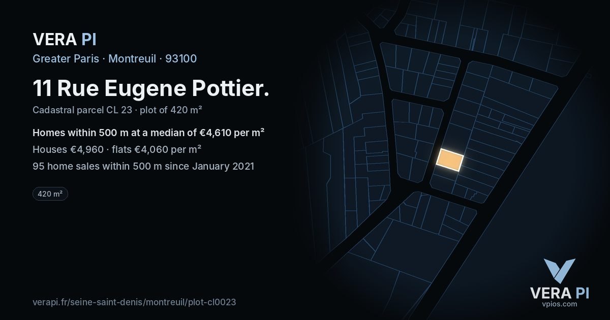 11 Rue Eugene Pottier, Montreuil at night – the plot lit, the parcels around coloured by the prices near them