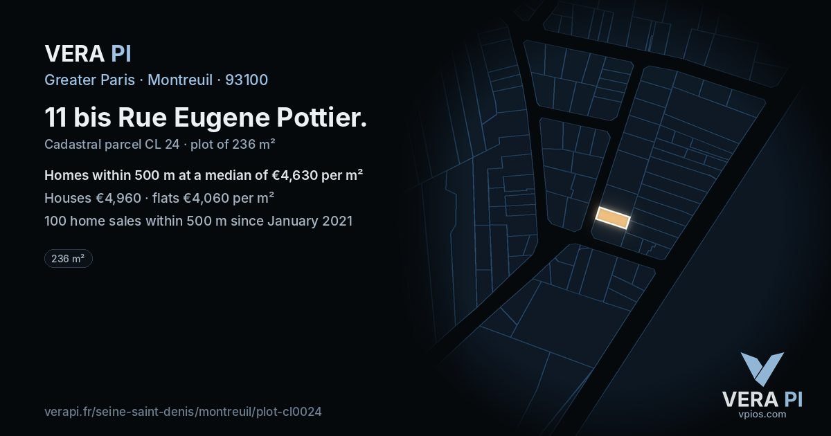 11 bis Rue Eugene Pottier, Montreuil at night – the plot lit, the parcels around coloured by the prices near them