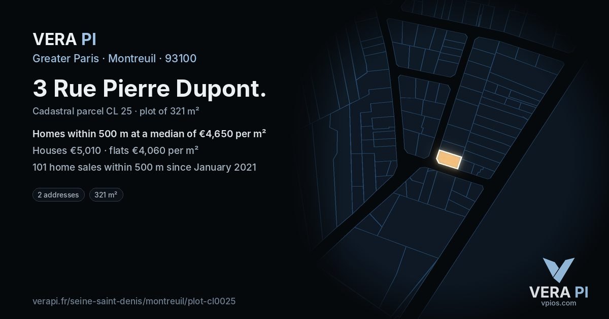 3 Rue Pierre Dupont, Montreuil at night – the plot lit, the parcels around coloured by the prices near them
