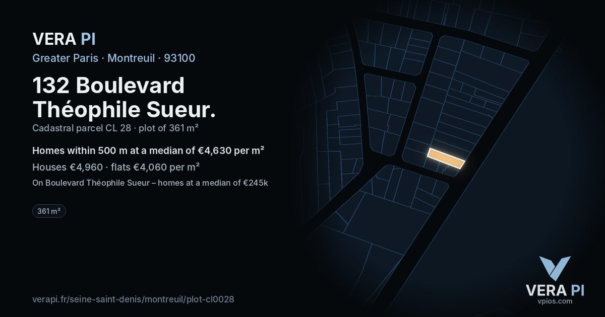 132 Boulevard Théophile Sueur, Montreuil at night – the plot lit, the parcels around coloured by the prices near them