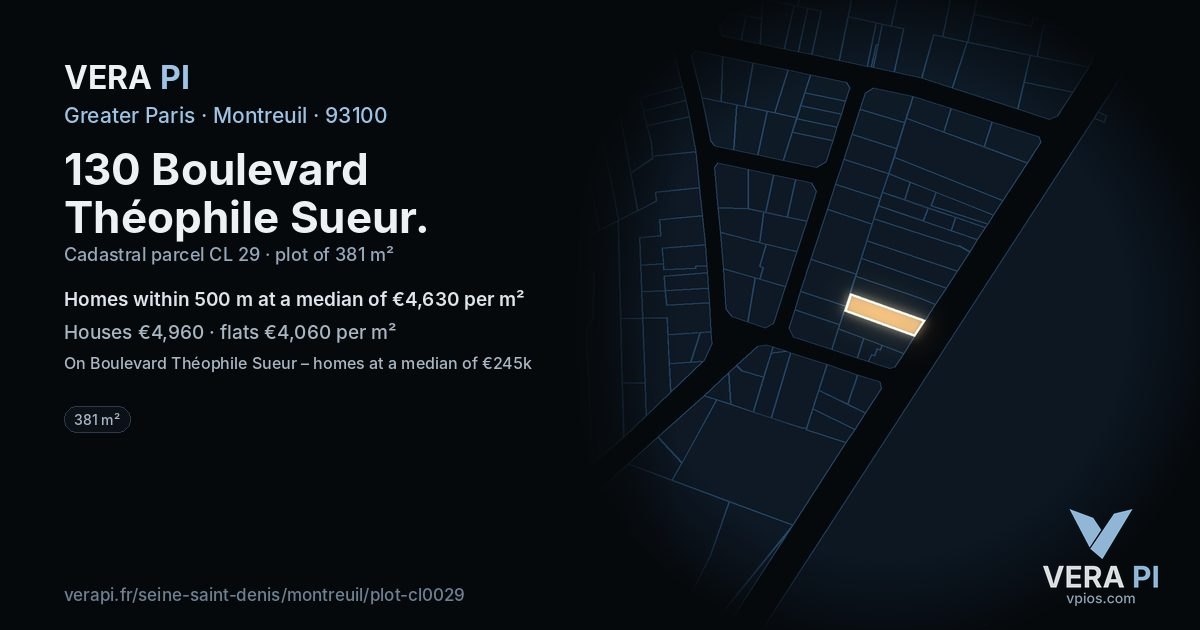 130 Boulevard Théophile Sueur, Montreuil at night – the plot lit, the parcels around coloured by the prices near them