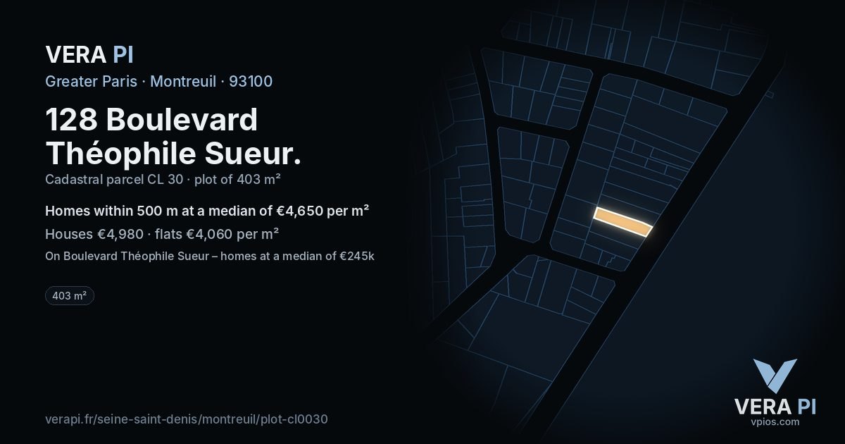 128 Boulevard Théophile Sueur, Montreuil at night – the plot lit, the parcels around coloured by the prices near them