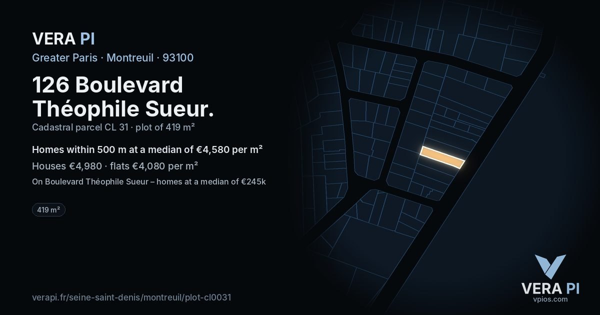 126 Boulevard Théophile Sueur, Montreuil at night – the plot lit, the parcels around coloured by the prices near them