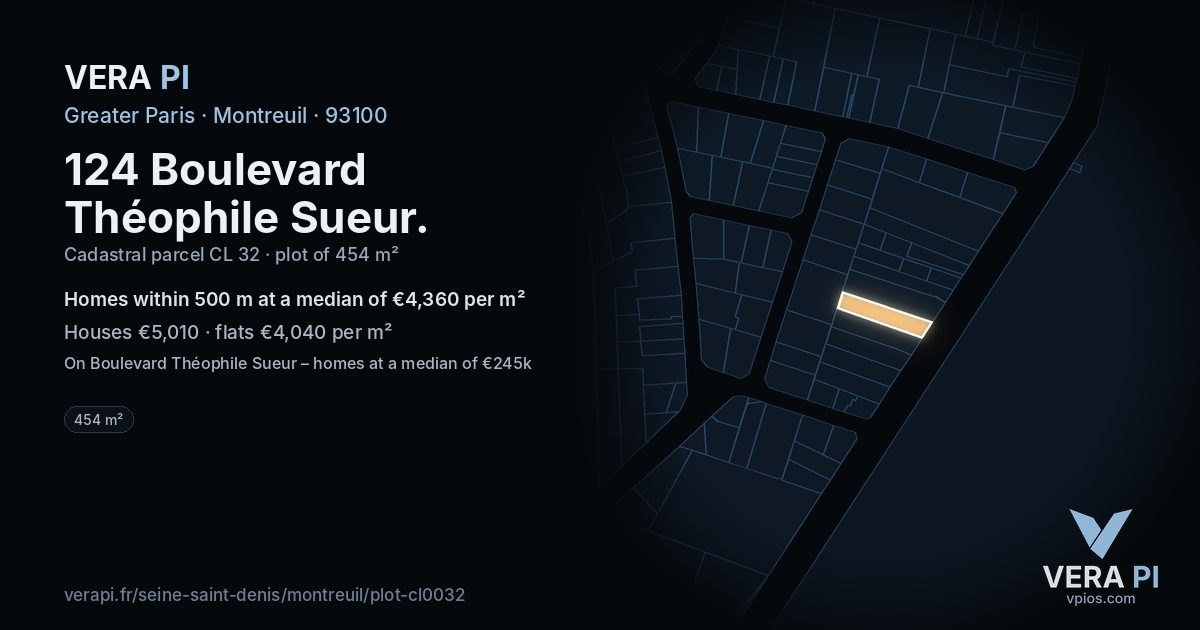 124 Boulevard Théophile Sueur, Montreuil at night – the plot lit, the parcels around coloured by the prices near them