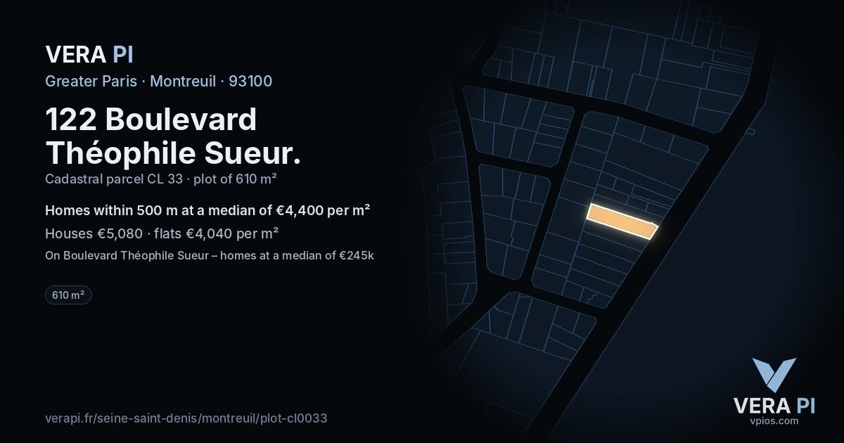 122 Boulevard Théophile Sueur, Montreuil at night – the plot lit, the parcels around coloured by the prices near them