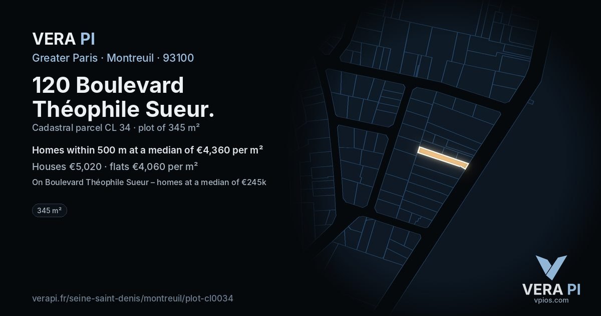 120 Boulevard Théophile Sueur, Montreuil at night – the plot lit, the parcels around coloured by the prices near them