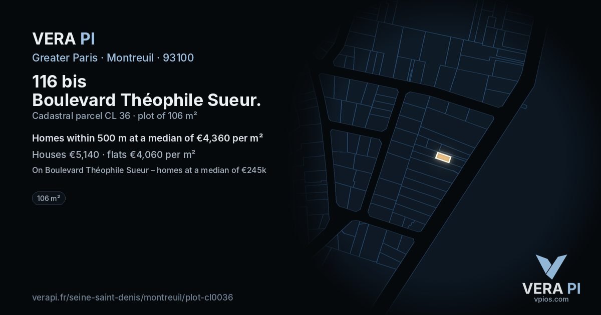 116 bis Boulevard Théophile Sueur, Montreuil at night – the plot lit, the parcels around coloured by the prices near them