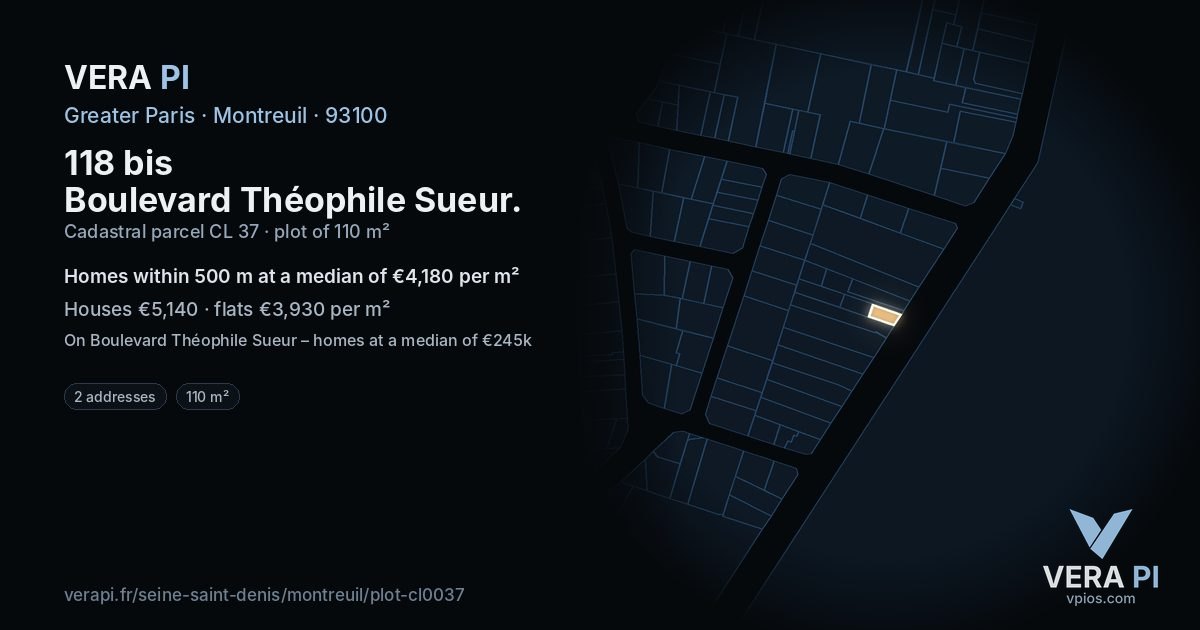 118 bis Boulevard Théophile Sueur, Montreuil at night – the plot lit, the parcels around coloured by the prices near them