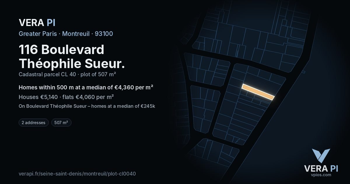 116 Boulevard Théophile Sueur, Montreuil at night – the plot lit, the parcels around coloured by the prices near them