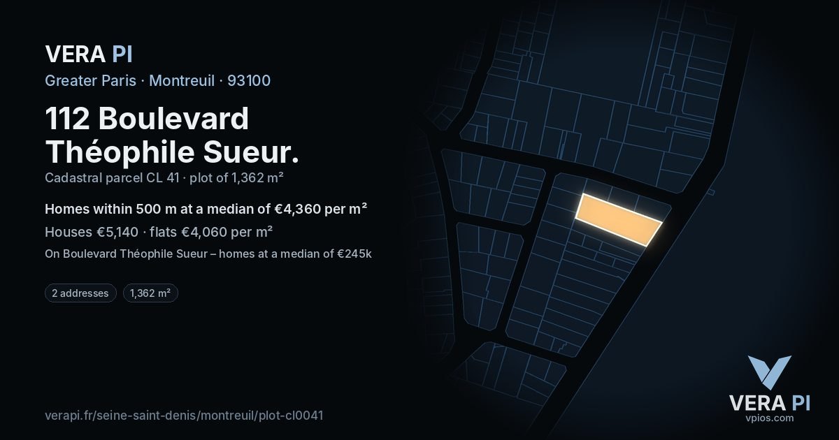 112 Boulevard Théophile Sueur, Montreuil at night – the plot lit, the parcels around coloured by the prices near them