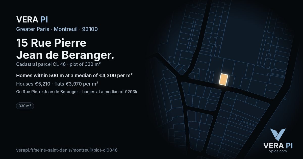 15 Rue Pierre Jean de Beranger, Montreuil at night – the plot lit, the parcels around coloured by the prices near them