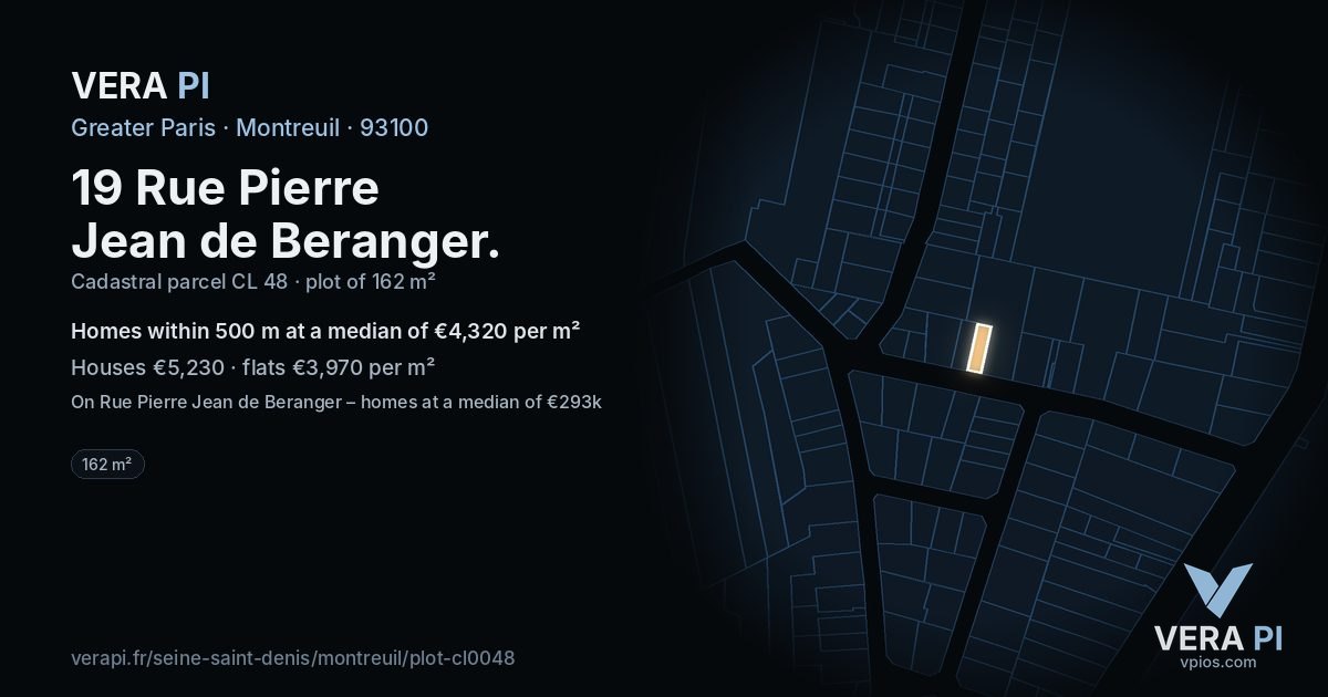 19 Rue Pierre Jean de Beranger, Montreuil at night – the plot lit, the parcels around coloured by the prices near them