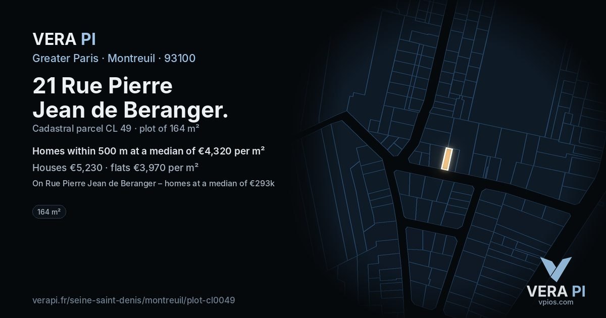 21 Rue Pierre Jean de Beranger, Montreuil at night – the plot lit, the parcels around coloured by the prices near them